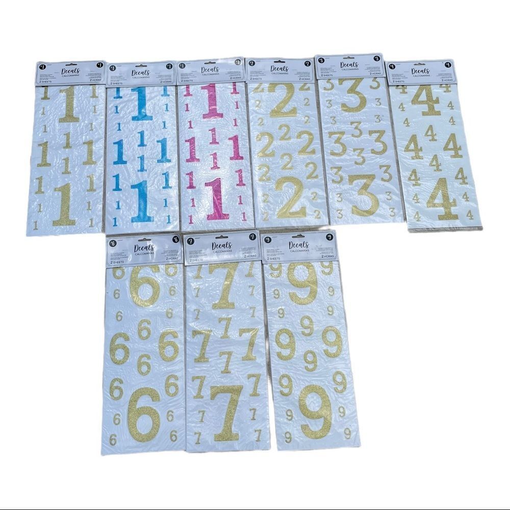 Amscan Decals Numbers lot of 9 Glitter 2 Sheets each #1 #2 #4 #6 #7 #9 new